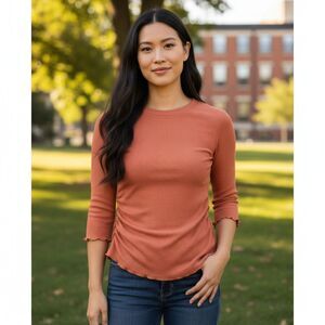 Free People Womens coral ribbed ruched top size S preppy boho casualelbow sleeve